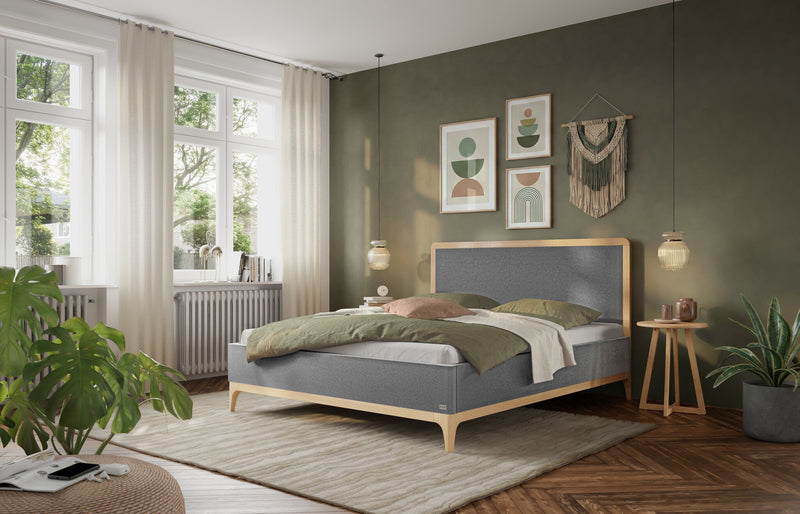 Hasena Polsterbett Soledad Eiche bright mit Bezug Pace Grau