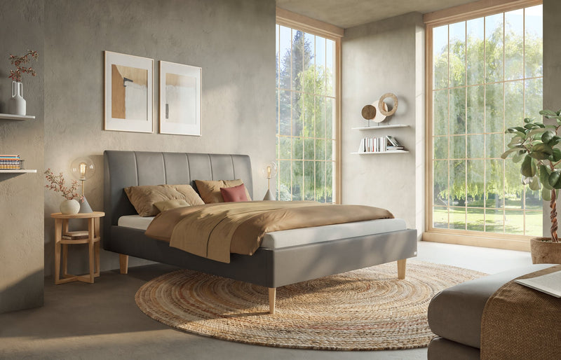 Hasena Polsterbett Leonor in Eiche bright mit Bezug Monet Steel