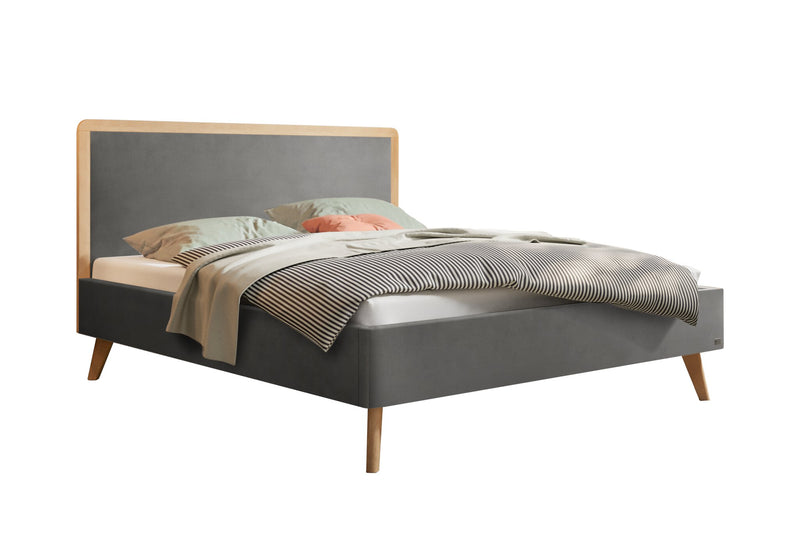Hasena Polsterbett Reyes aus Eiche Massivholz mit Bezug Monet Steel