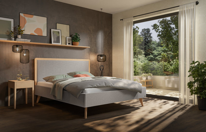 Hasena Polsterbett Reyes in Eiche bright mit Bezug Pace Light Grey