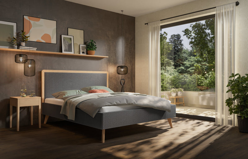 Hasena Polsterbett Reyes aus Eiche bright mit Bezug Pace grey