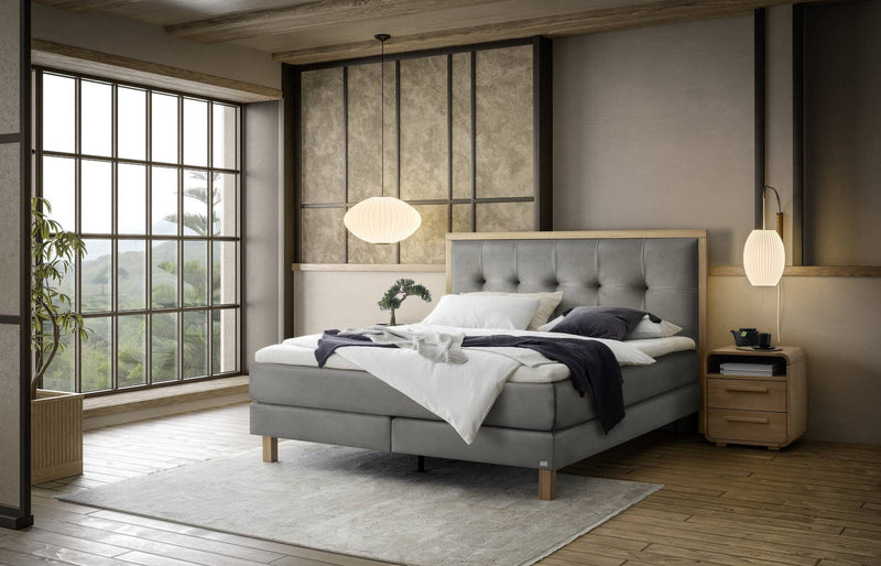 Hasena Boxspringbett Solara mit Topper, Eiche bright & Bezug Monet steel
