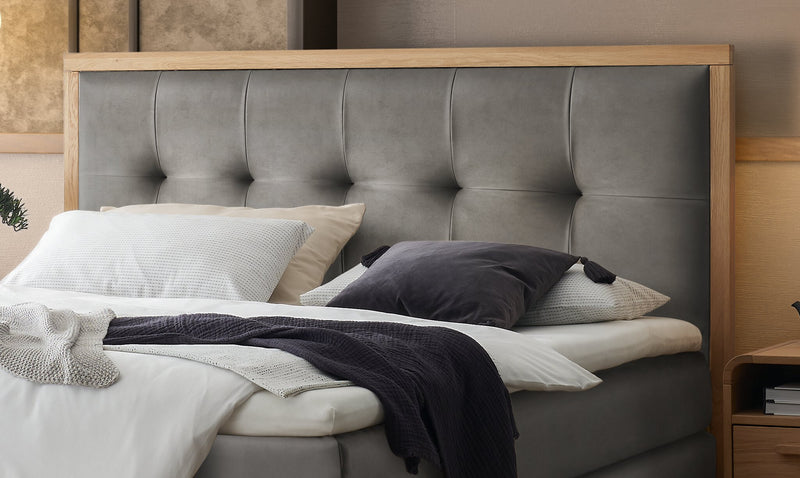 Hasena Boxspringbett Solara mit Topper, Eiche bright & Bezug Monet steel