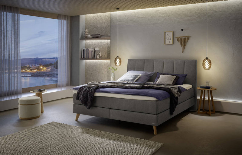 Hasena Boxspringbett Fernanda Eiche bright mit Topper und Bezug Pace grey