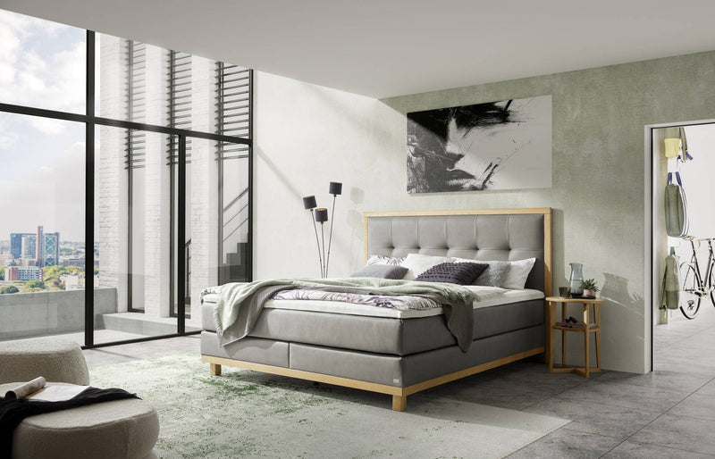 Hasena Boxspringbett Cecilia aus Eiche Massivholz mit Bezug Monet steel