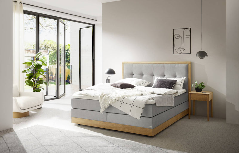 Hasena Boxspringbett Alba mit Stauraum in Eiche bright, Bezug Grau