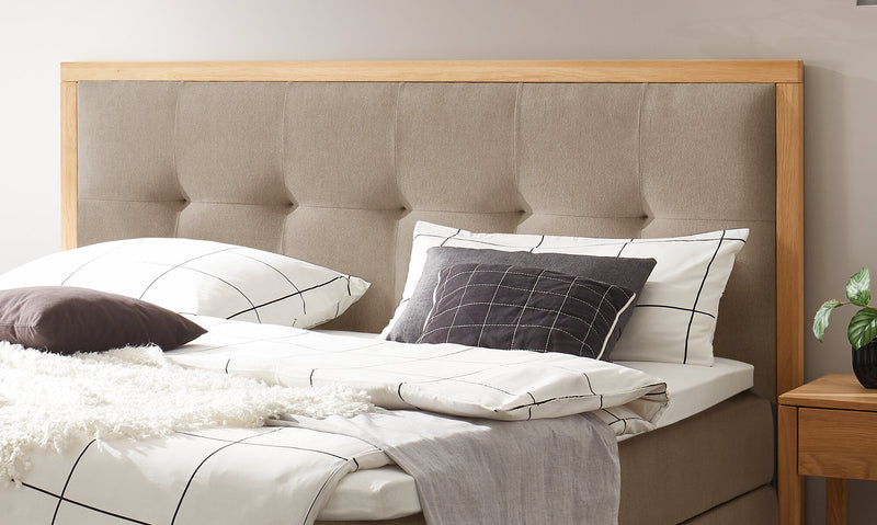 Hasena Boxspringbett Alba mit Stauraum, Eiche bright und Bezug Pace Sand