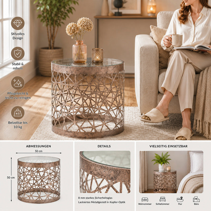 Haku Beistelltisch Art Deco, Metallgestell bronze mit Glasablage