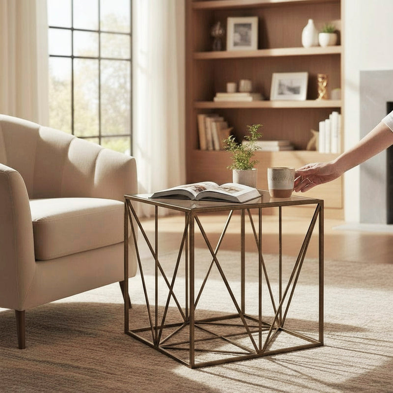Haku Beistelltisch Art Deco, quadratisch mit Glasablage in Bronze
