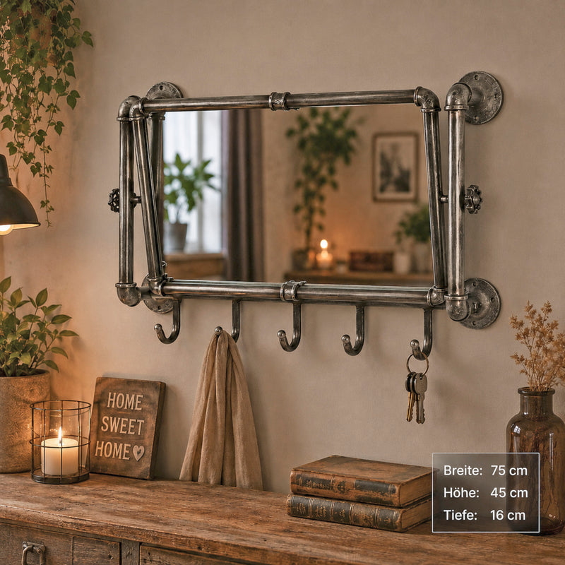 Wandgarderobe mit Spiegel und 5 Haken in Anthrazit, Metall – Ansicht 2