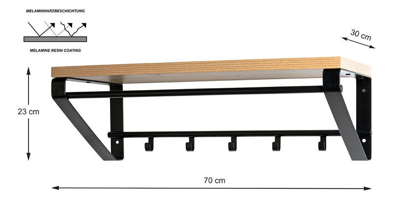 Haku Wandgarderobe mit 5 Haken, Kleiderstange und Ablage in Eiche-Optik