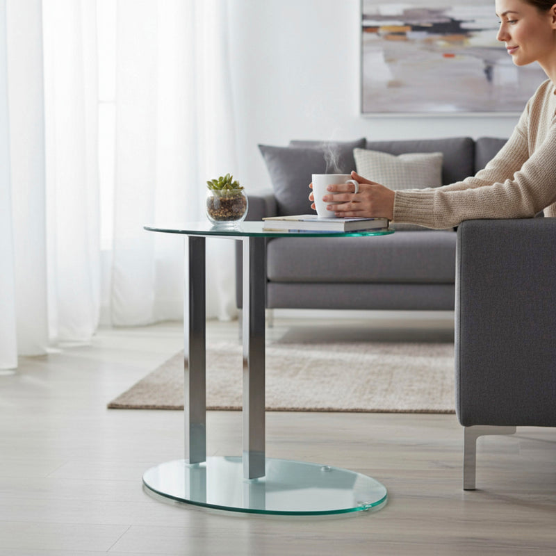 Haku Beistelltisch oval, Stahlrohr chrom mit Sicherheitsglas-Ablage