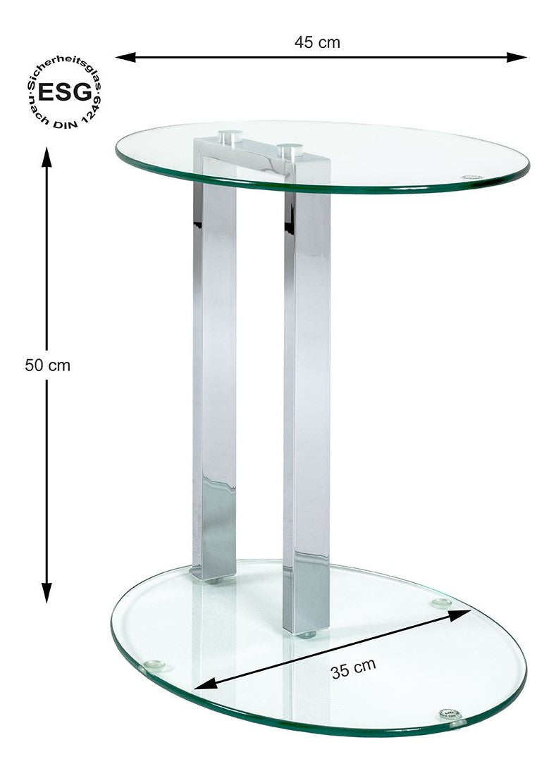Haku Beistelltisch oval, Stahlrohr chrom mit Sicherheitsglas-Ablage