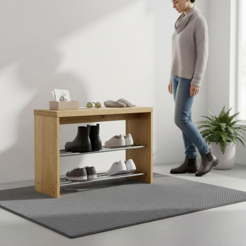 Haku Schuhbank mit Echtholzfurnier Eiche und Chrom-Ablagen für 6 Paar