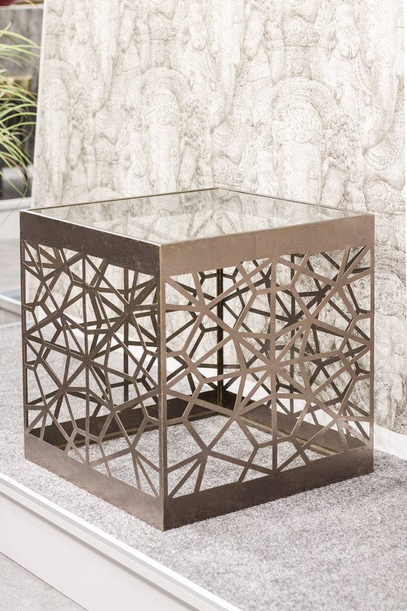 Haku Beistelltisch Art Deco mit Glasablage in Bronze, 50x50 cm