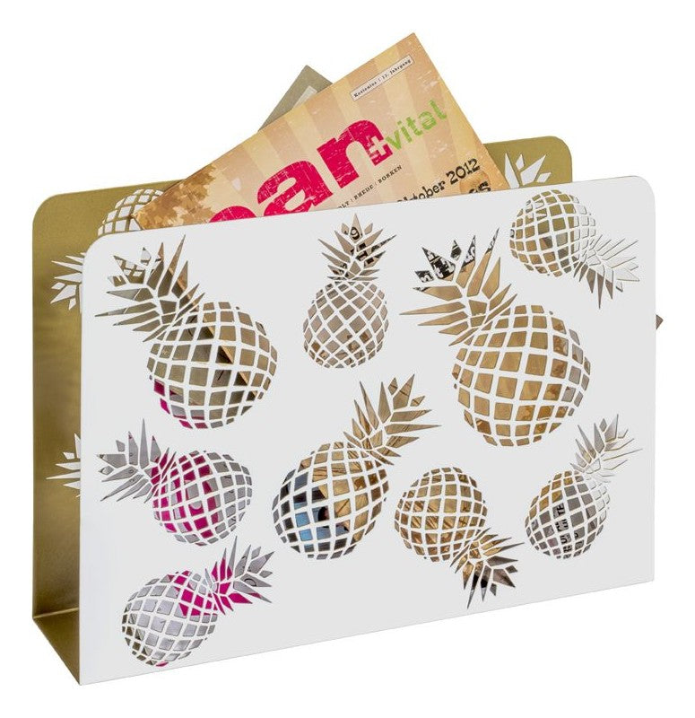 Haku Zeitungsständer aus Metall, weiß-goldfarben mit Ananas-Motiv