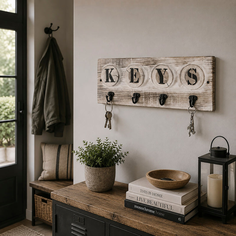 Haku Schlüsselboard Vintage aus Massivholz mit 4 Haken, Grau-Schwarz
