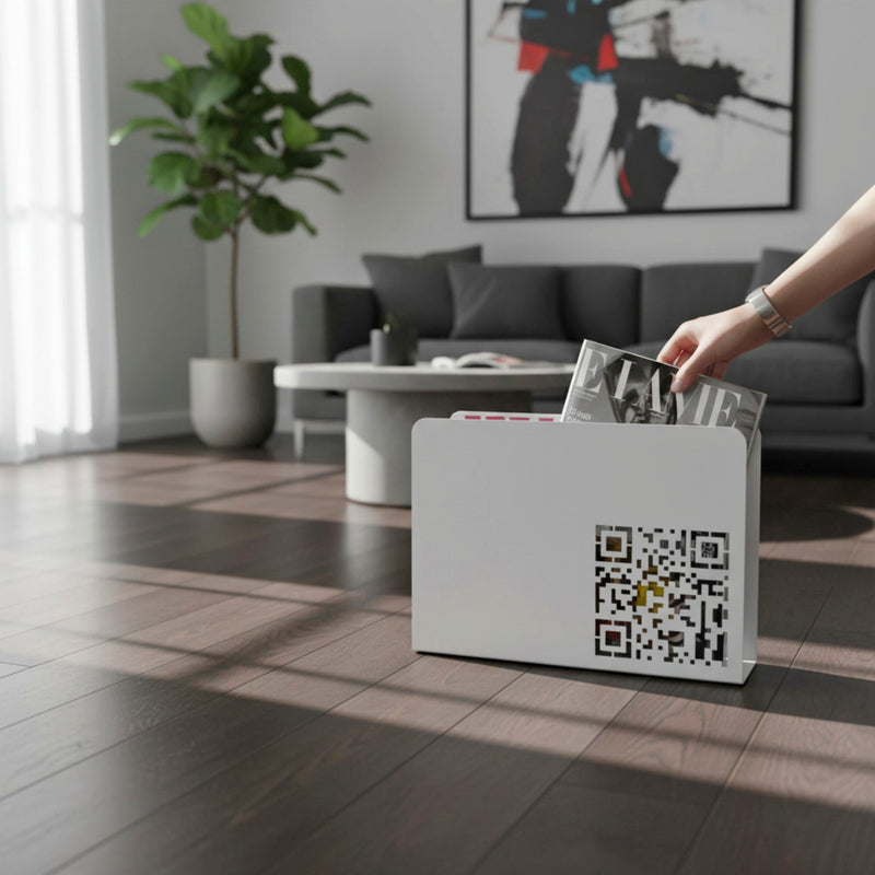 Haku Zeitungsständer aus Metall, weiß lackiert mit QR-Code-Muster