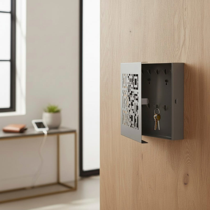 Haku Schlüsselkasten mit 10 Haken, grau mit QR-Code-Stanzung