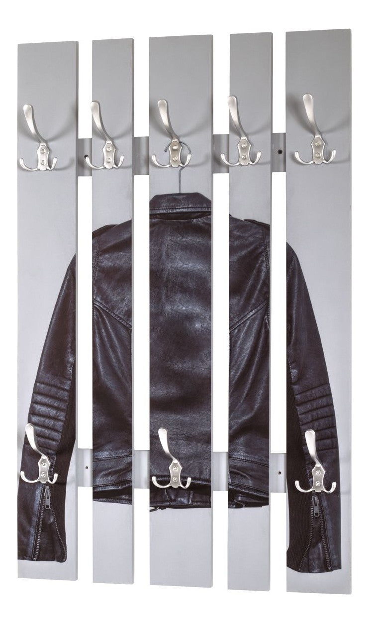 Wandgarderobe mit 8 Haken, Motiv Lederjacke, Edelstahloptik – Ansicht 1