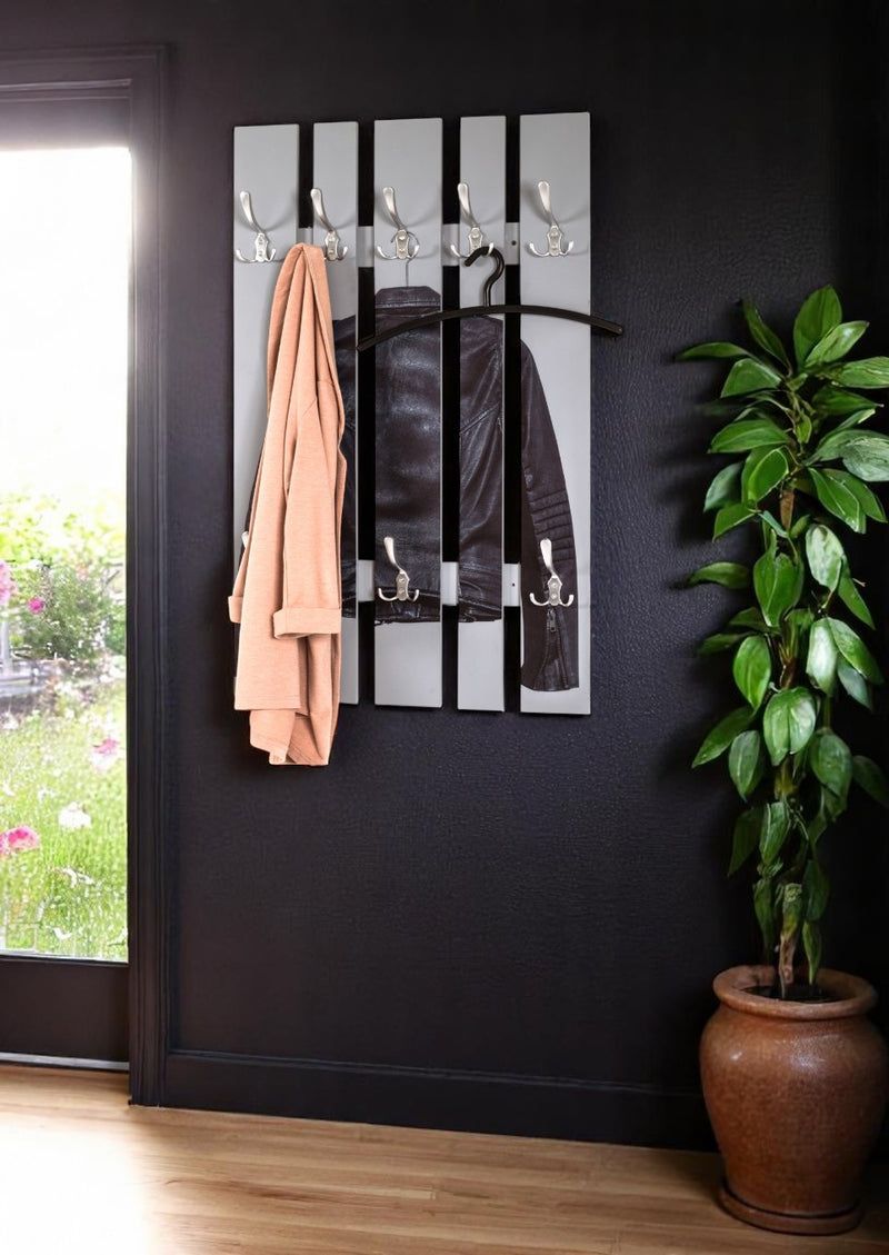 Wandgarderobe mit 8 Haken, Motiv Lederjacke, Edelstahloptik – Ansicht 2
