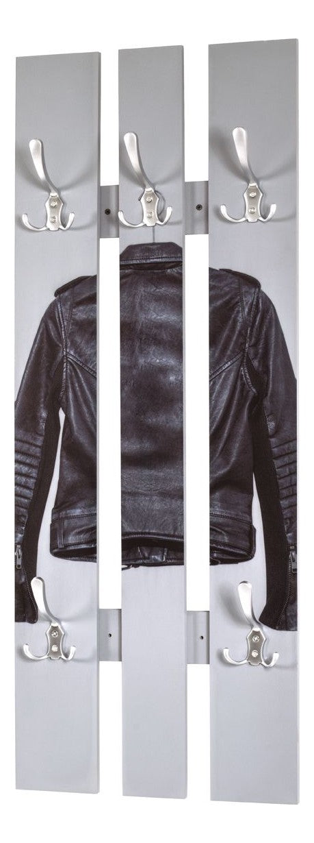 Wandgarderobe mit 5 Haken, Motiv Lederjacke, Edelstahloptik – Ansicht 1