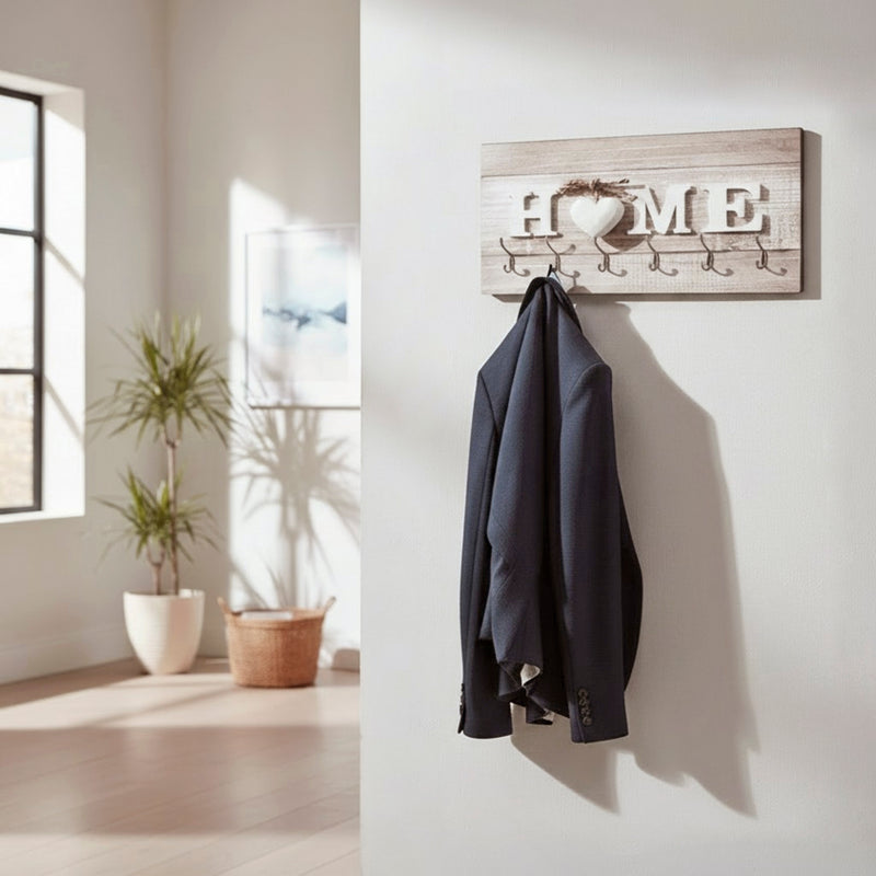 Wandgarderobe mit 6 Haken, Schriftzug-Motiv, MDF in Edelstahloptik – Ansicht 2