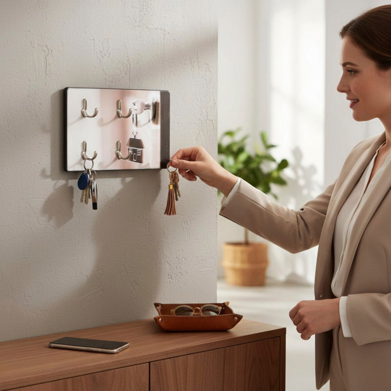 Haku Schlüsselboard mit 4 Haken, Motiv Schlüsselbund, Edelstahloptik