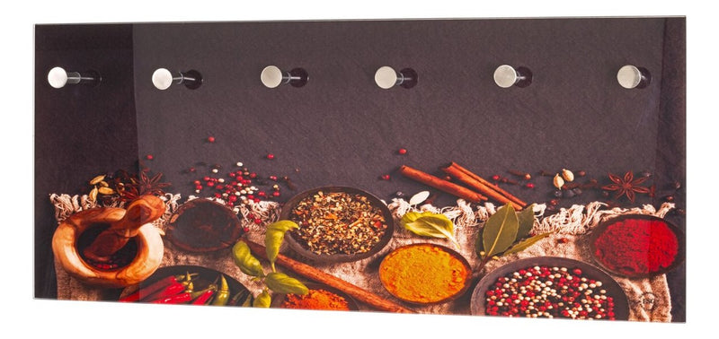 Wandgarderobe aus Glas mit Gewürz-Motiv, 6 Haken Edelstahloptik – Ansicht 1