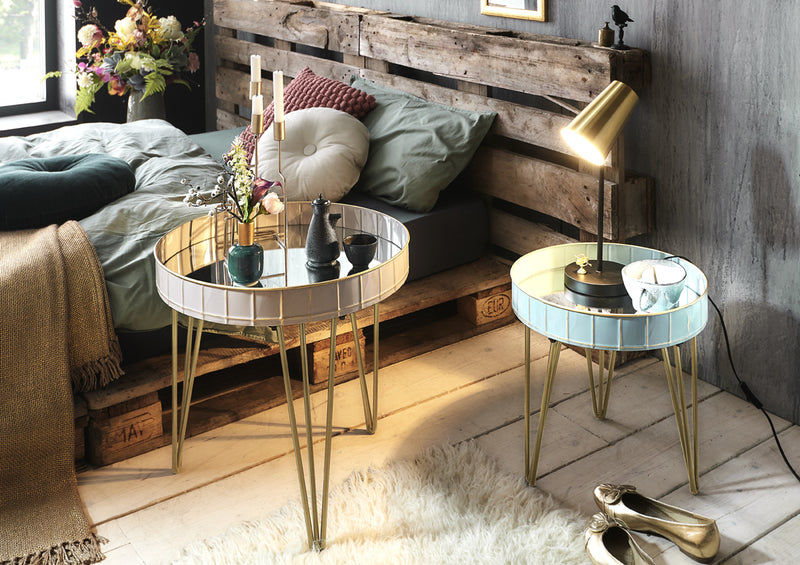 Haku Beistelltisch rund mit Spiegel-Ablage, Art Deco Gold-Taupe