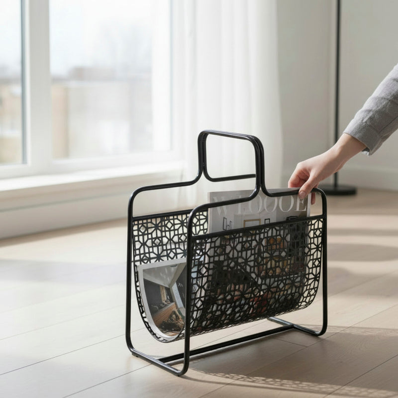 Haku Zeitungsständer Art Deco aus Metall, schwarz lackiert mit Bügelgriff