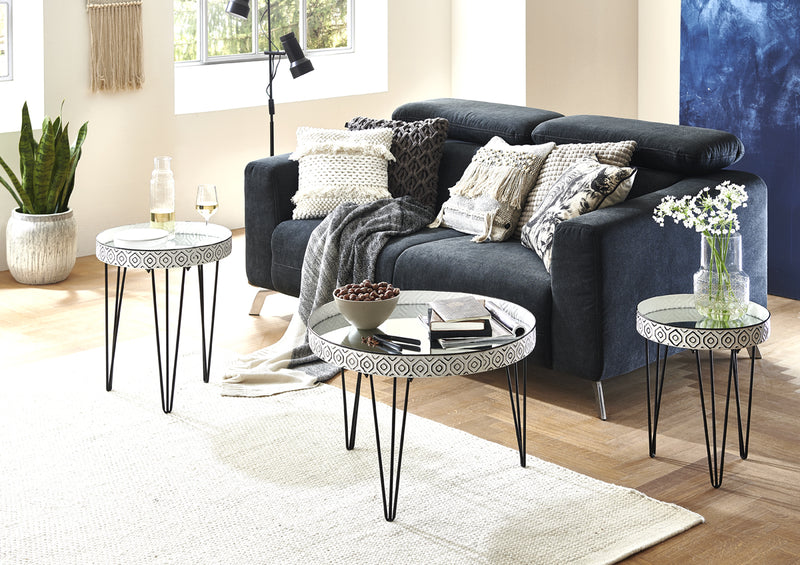 Haku Couchtisch rund mit Spiegel-Ablage, Art Deco, Stahlrohr schwarz-weiß
