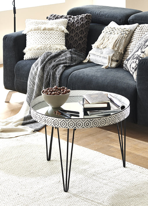 Haku Couchtisch rund mit Spiegel-Ablage, Art Deco, Stahlrohr schwarz-weiß
