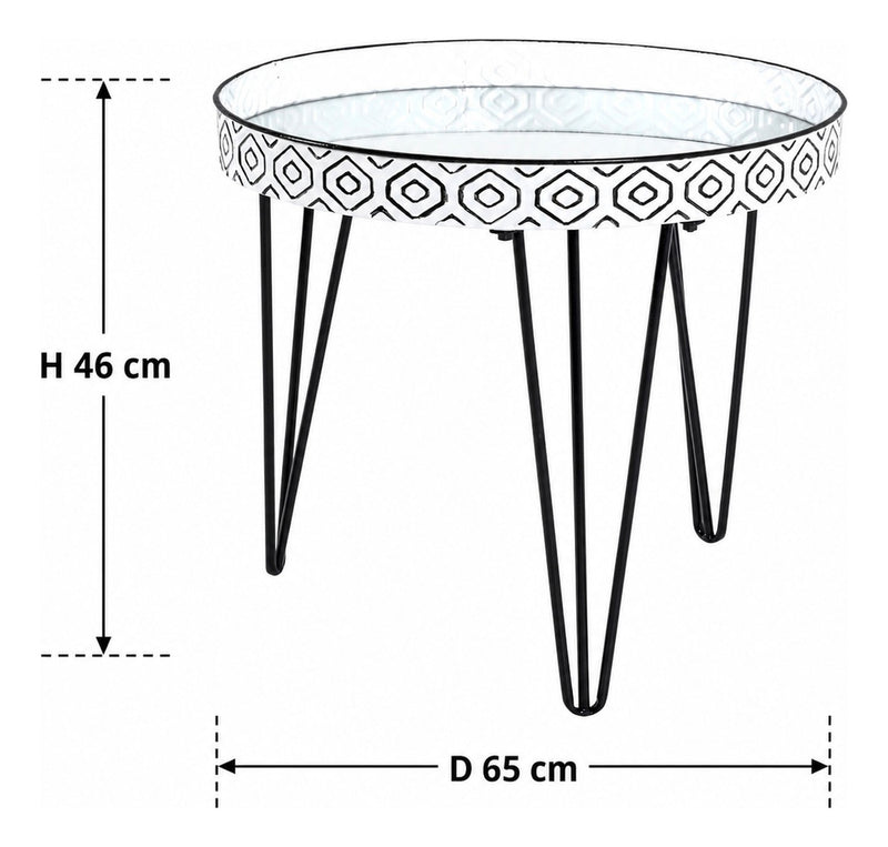 Haku Couchtisch rund mit Spiegel-Ablage, Art Deco, Stahlrohr schwarz-weiß
