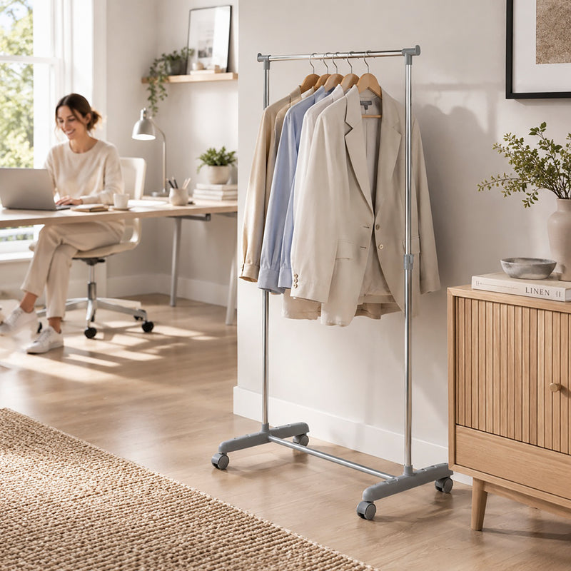 Haku Rollgarderobe höhenverstellbar, Stahlrohr verchromt, grau