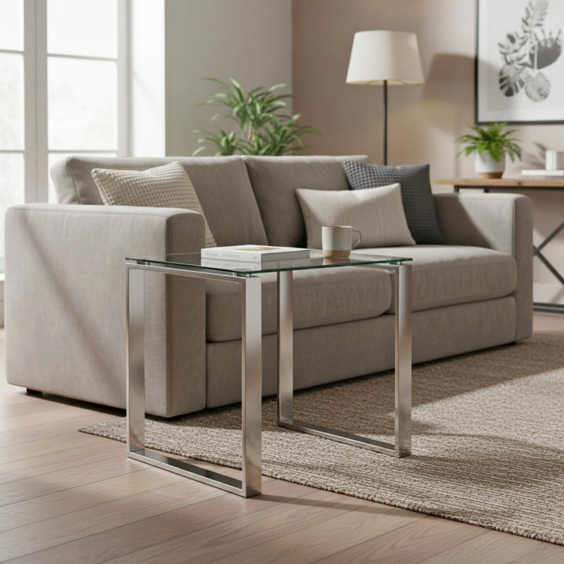 Haku Beistelltisch Edelstahl mit Sicherheitsglas, quadratisch, modern