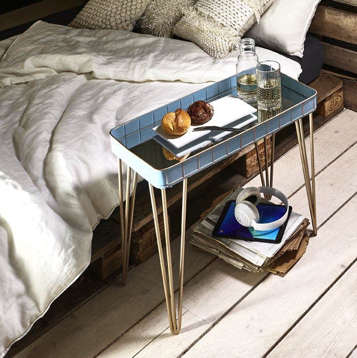 Haku Beistelltisch Art Deco mit Spiegelablage, blau-gold, Stahlrohr