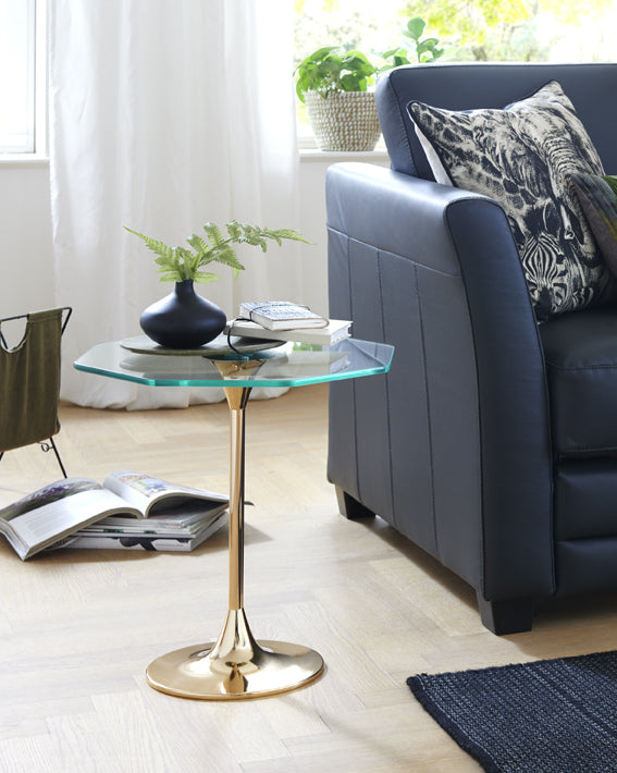 Haku Beistelltisch Art Deco, vergoldetes Stahlgestell mit Glasablage