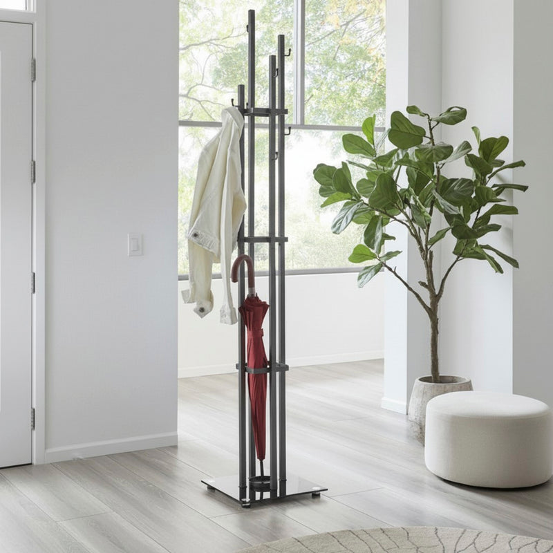 Haku Garderobenständer Anthrazit mit 8 Haken und Schirmhalter, Glasfuß