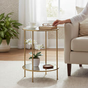 Beistelltisch rund, Gestell gold mit Glas- und Spiegelablage – Ansicht 2