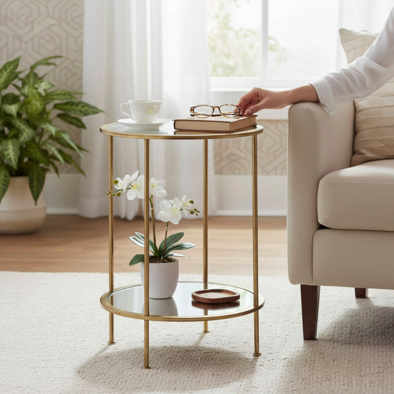 Beistelltisch rund, Gestell gold mit Glas- und Spiegelablage – Ansicht 2