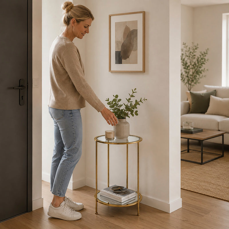 Beistelltisch rund, Gestell gold mit Glas- und Spiegelablage – Ansicht 3