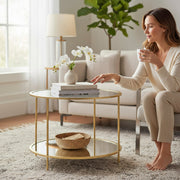 Beistelltisch rund, Gestell gold mit Glas- und Spiegelablage – Ansicht 2