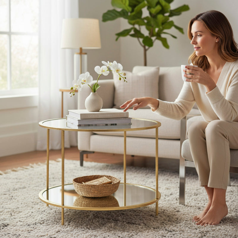 Beistelltisch rund, Gestell gold mit Glas- und Spiegelablage – Ansicht 2