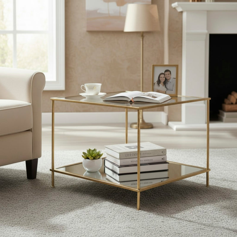 Beistelltisch Art Deco gold mit Glas- und Spiegelablage – Ansicht 2