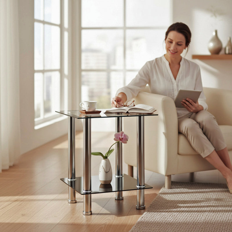 Beistelltisch quadratisch, Edelstahl mit Sicherheitsglas, modern – Ansicht 2