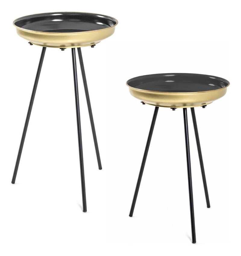 Haku Beistelltisch 2er Set, rund, Art Deco, Metall in Schwarz-Gold