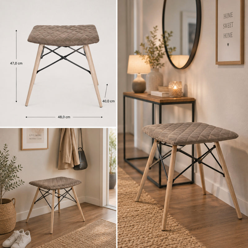 Haku Hocker gepolstert, Kunstlederbezug braun, Gestell Stahlrohr in Buche