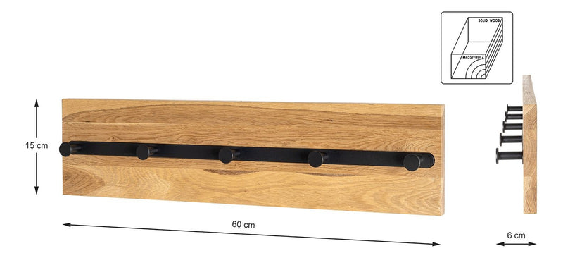Haku Wandgarderobe Eiche geölt mit 5 Metallhaken, schwarz