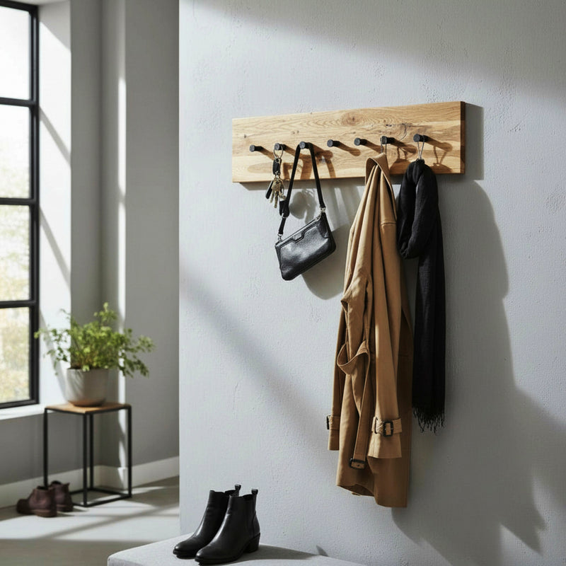 Wandgarderobe aus Eiche massiv mit 7 Metallhaken, schwarz – Ansicht 2